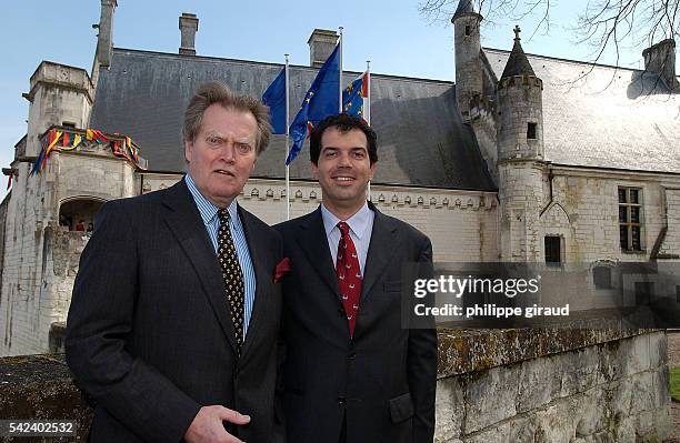Prince Jacques of France, the Duke of Orleans and Prince Charles Emmanuel de Bourbon Parme stand in front of Loches castle before the inhumation...