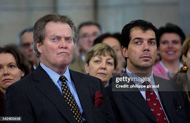 The Duke of Orleans and Prince Charles Emmanuel de Bourbon Parme attend the inhumation ceremony in the Collegiate Church of Sainte-Ours where the...