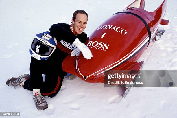 Saint Moritz: Prince Albert of Monaco doing bobsleigh training in readiness for the Calgary Olympic Games.