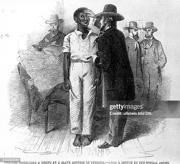 Ein Händler prüft die körperlicheVerfassung eines Sklaven bei einerAuktion in Virginia.Stich, um 1850