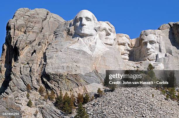 Gigantic sculptures of US Presidents George Washington, Thomas Jefferson, Theodore Roosevelt and Abraham Lincoln, created by artist Gutzon Borglum...