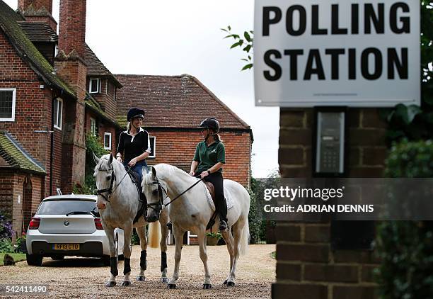 Jacqui Vaughan and Sophie Allison, riding horses Splash and Sharna, ride out of the driveway of a private residence, used as a polling station, near...