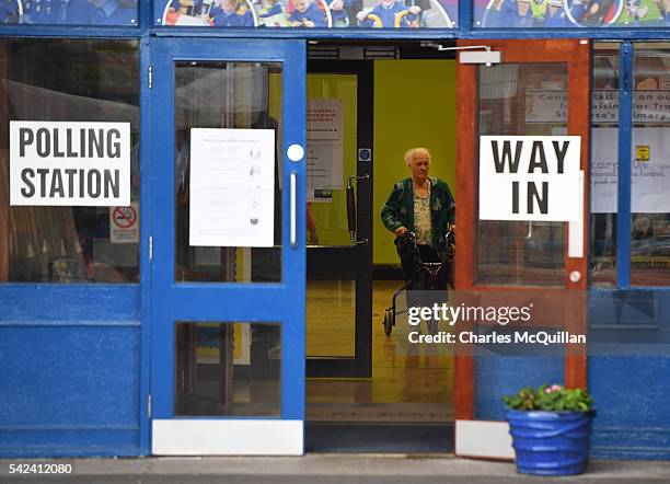 Woman inside a polling station where members of the public are voting in the EU referendum on June 23, 2016 in Belfast, Northern Ireland. The United...