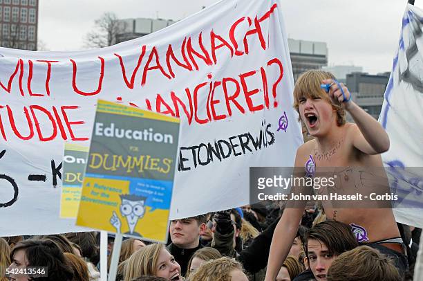 About 14,000 students demonstrated in The Hague on January 21, 2011 in a protest at government plans to cut university funding and reduce student...
