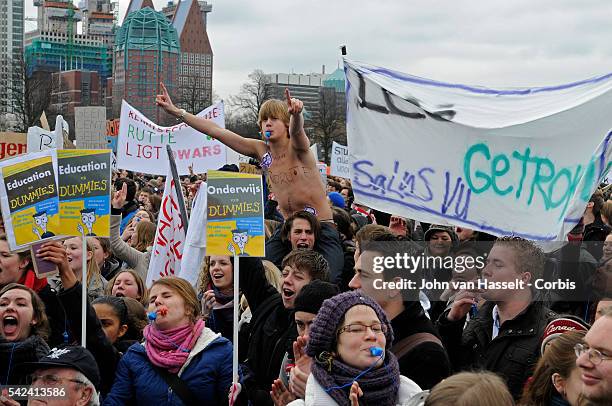 About 14,000 students demonstrated in The Hague on January 21, 2011 in a protest at government plans to cut university funding and reduce student...