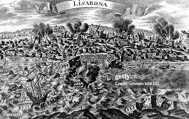 Das Erdbeben von Lissabon, 1755 - Flutwelle- zeitgenössische Darstellung, undatiert