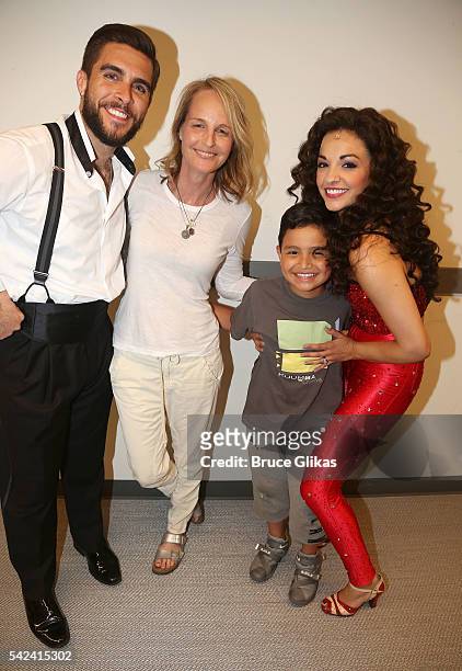 Josh Segarra as "Emilio Estefan", Helen Hunt and Ana Villafane as "Gloria Estefan" pose backstage at the hit Gloria Estefan & Emilio Estefan musical...