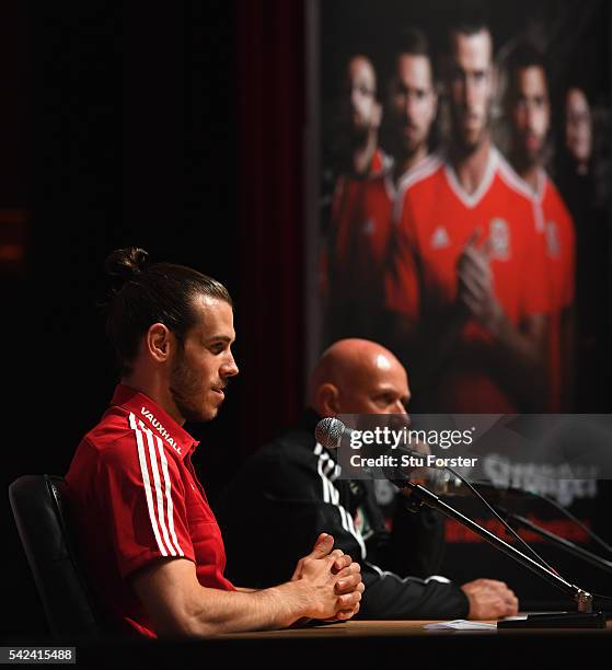 Wales player Gareth Bale faces the media at the Wales press conference at their Euro 2016 base camp on June 22, 2016 in Dinard, France.