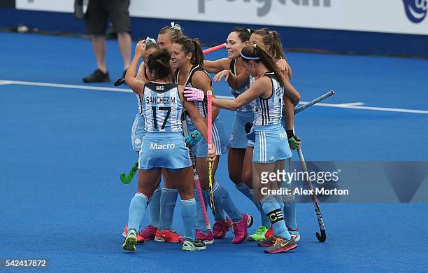 Florencia Habif of Argentina celebrates after scoring their first goal during the FIH Women's Hockey Champions Trophy match between Argentina and New...