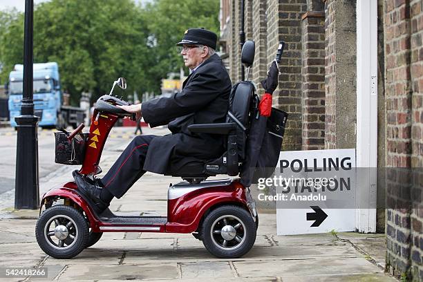 Pensioner arrives to cast his vote in the EU referendum at Royal Hospital Chelsea in London, United Kingdom on June 23, 2016. Voting has begun in the...