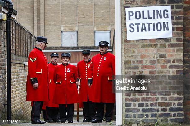 Chelsea Pensioners arrive to cast their votes in the EU referendum at Royal Hospital Chelsea in London, United Kingdom on June 23, 2016. Voting has...