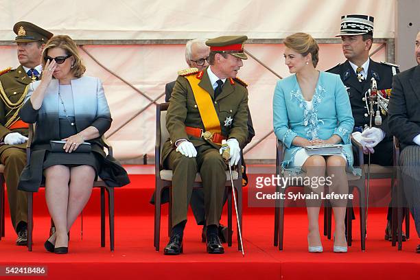 Grand Duchess Maria Teresa, Grand Duke Henri of Luxembourg and Princess Stephanie of Luxembourg during the Military parade for celebration of...