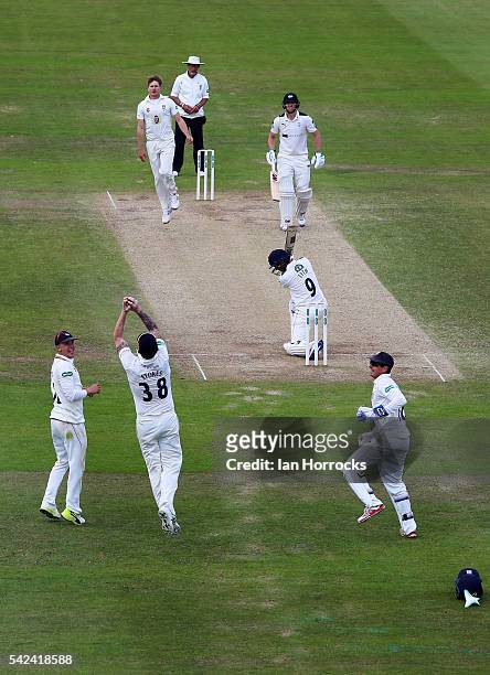 Ben Stokes of Durham takes the catch for the wicket of Adam Lyth during day four of the Specsavers County Championship Division One match between...