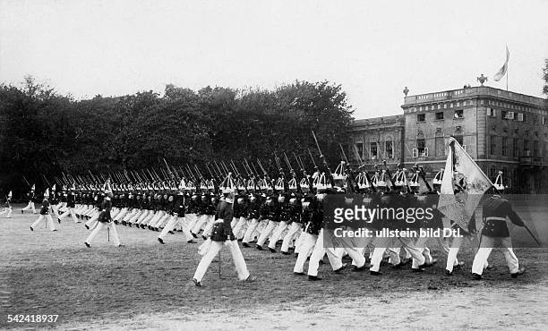 German Empire Kingdom Prussia Brandenburg Province Potsdam: The Princes Oskar, August Wilhelm, Adalbert and Eitel Friedrich at a military parade -...