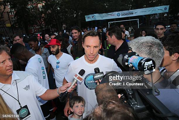 Player Steve Nash speaks with the media following the 2016 Steve Nash Foundation Showdown at Sara D. Roosevelt Park on June 22, 2016 in New York City.