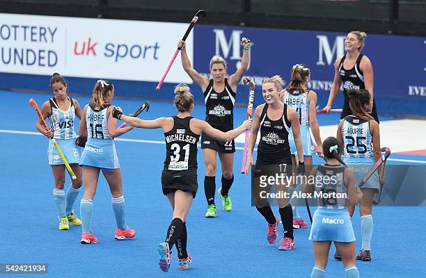 Sophie Cocks of New Zealand celebrates after scorign their first goal during the FIH Women's Hockey Champions Trophy match between Argentina and New...