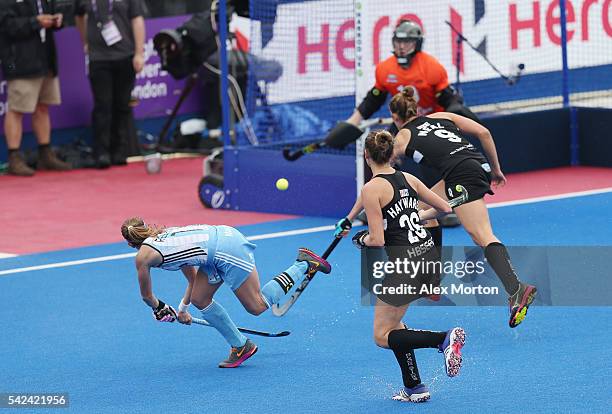 Carla Rebecchi of Argentina scores their third goal during the FIH Women's Hockey Champions Trophy match between Argentina and New Zealand at Queen...