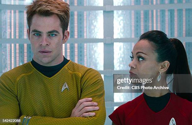 From left: Chris Pine as Captain James T. Kirk and Zoe Saldana as Lieutenant Nyota Uhura in the 2013 movie, "Star Trek: Into Darkness." Release date...