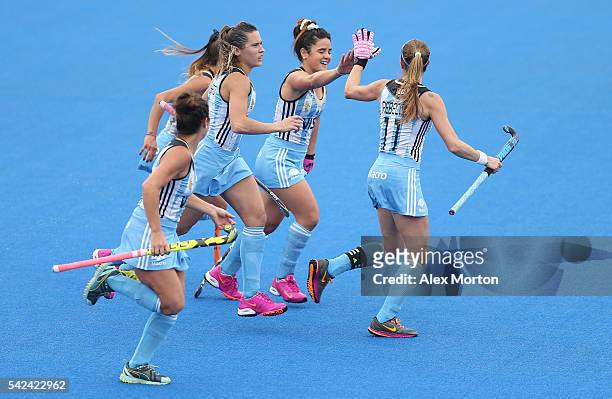 Carla Rebecchi of Argentina celebrates after scoring their third goal during the FIH Women's Hockey Champions Trophy match between Argentina and New...