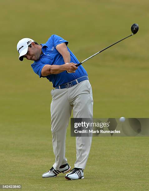 Jason Barnes of England second shot to the 5th during the first day of the 2016 SSE Scottish Hydro Challenge at the MacDonald Spay Valley Golf Course...