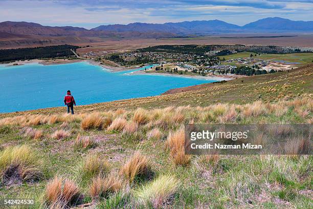 a man mesmerized by the beautiful color of lake tekapo. - zealand fotografías e imágenes de stock