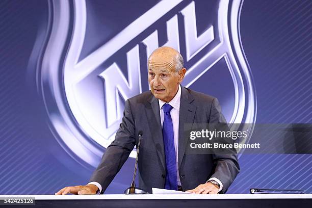 Owner Jeremy Jacobs of the Boston Bruins addresses the media during the Board Of Governors Press Conference prior to the 2016 NHL Awards at Encore...