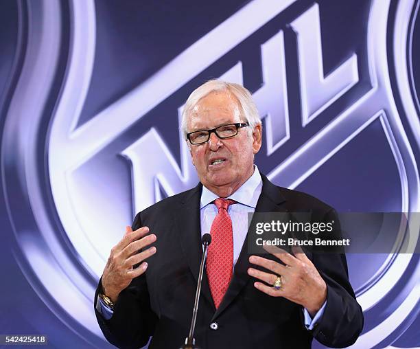 New Las Vegas NHL franchise owner Bill Foley addresses the media during the Board Of Governors Press Conference prior to the 2016 NHL Awards at...