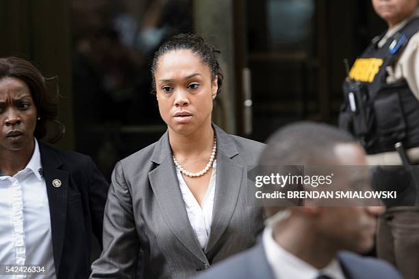 Baltimore City State's Attorney Marilyn Mosby leaves after Baltimore Officer Caesar Goodson Jr. Was acquitted of all charges in his murder trial for...