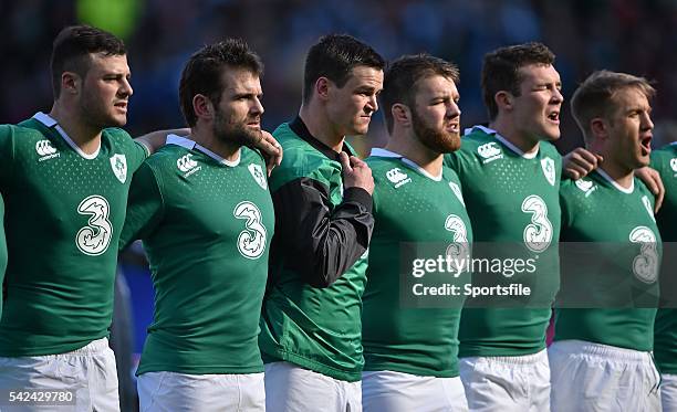 March 2015; Ireland players, from left, Robbie Henshaw, Jared Payne, Jonathan Sexton, Sean O'Brien, Peter O'Mahony and Luke Fitzgerald line up for...