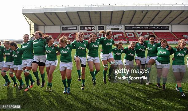 March 2015; Ireland players celebrate by performing 'Riverdance' after winning the Women's Six Nations Rugby Championship. Women's Six Nations Rugby...