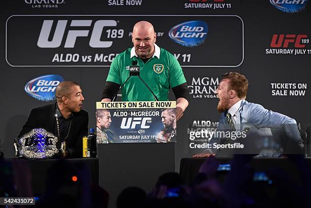 March 2015; UFC featherweight Conor McGregor, right, taunts UFC featherweight Champion Jose Aldo, left, during a fan event. The Convention Centre...