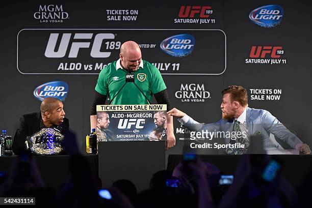 March 2015; UFC featherweight Champion Jose Aldo, left, UFC President Dana White, centre, and UFC featherweight Conor McGregor during a fan event....