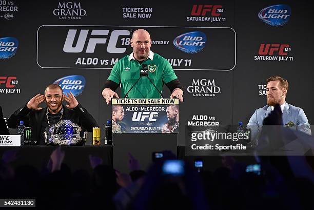 March 2015; UFC featherweight Champion Jose Aldo, left, UFC President Dana White, centre, and UFC featherweight Conor McGregor during a fan event....