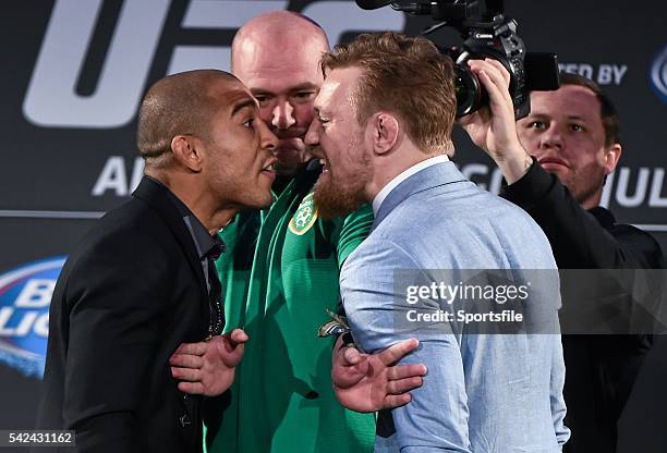 March 2015; UFC featherweight Champion Jose Aldo, left, faces off against UFC featherweight title challenger Conor McGregor as UFC President Dana...