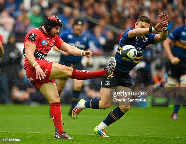April 2015; Ian Madigan, Leinster, blocks down a kick by Leigh Halfpenny, Toulon. European Rugby Champions Cup Semi-Final, RC Toulon v Leinster....