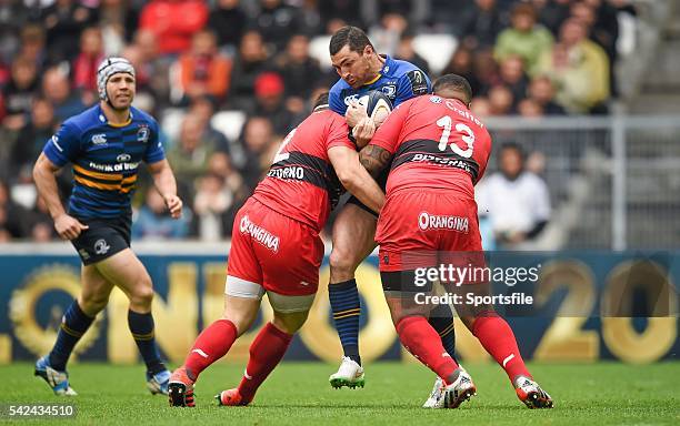 April 2015; Rob Kearney, Leinster, is tackled by Guilhem Guirado, left, and Mathieu Bastareaud, RC Toulon. European Rugby Champions Cup Semi-Final,...