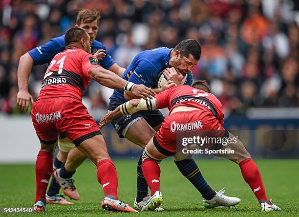 April 2015; Rob Kearney, Leinster, is tackled by Sebastien Tillous-Borde, left, and Rudi Wulf, RC Toulon. European Rugby Champions Cup Semi-Final, RC...