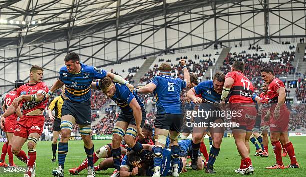 April 2015; Sean O'Brien, Leinster, goes over to score his side's only try of the game. European Rugby Champions Cup Semi-Final, RC Toulon v...