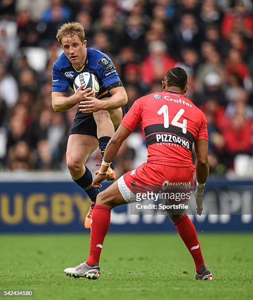 April 2015; Luke Fitzgerald, Leinster, takes a high ball down under pressure from Delon Armitage, RC Toulon. European Rugby Champions Cup Semi-Final,...