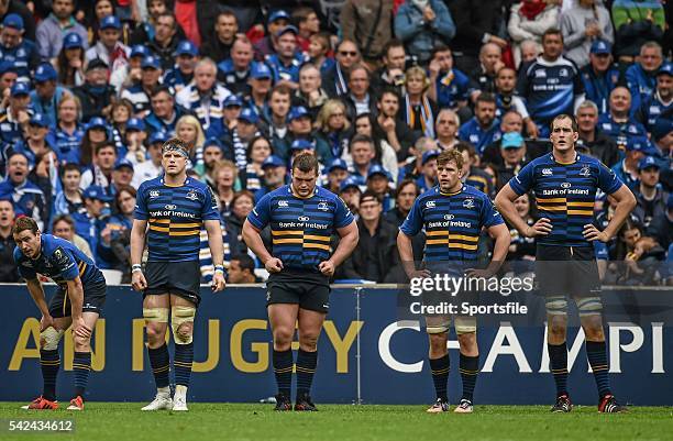 April 2015; Leinster's Eoin Reddan, Jamie Heaslip, Jack McGrath, Jordi Murphy and Devon Toner look on after conceding an extra time try. European...