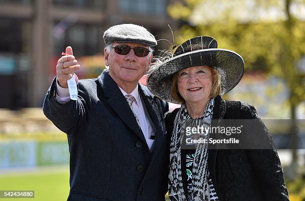 April 2015; Broadcaster Gay Byrne and his wife Kathleen Watkins at the day's races. Punchestown Racecourse, Punchestown, Co. Kildare. Picture credit:...
