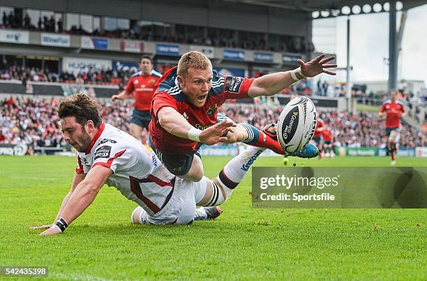 May 2015; Keith Earls, Munster, in action against Iain Henderson, Ulster. Guinness PRO12, Round 21, Ulster v Munster. Kingspan Stadium, Ravenhill...
