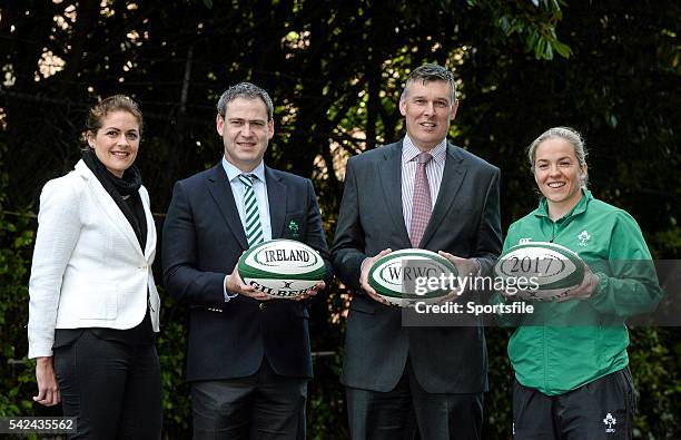 May 2015; Ireland head coach Tom Tierney, second from left, IRFU Chief Executive Philip Browne, IRFU Women's Rugby Ambassador Fiona Coghlan and Irish...