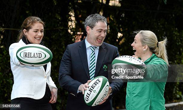 May 2015; Ireland head coach Tom Tierney with IRFU Women's Rugby Ambassador Fiona Coghlan, left, and Irish Women's Rugby player Niamh Briggs in...