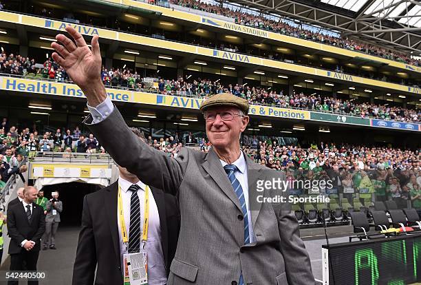 June 2015; Former Republic of Ireland manager Jack Charlton is introduced to the crowd before the game. Three International Friendly, Republic of...