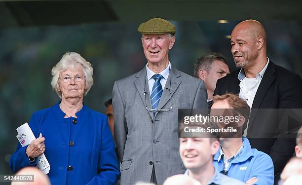 June 2015; Former Republic of Ireland Jack Charlton and his wife Pat alongside former Republic of Ireland player Paul McGrath in attendance at the...