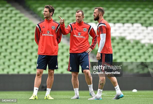 June 2015; Scotland players, from left to right, Charlie Mulgrew, Charlie Adam and Steven Fletcher during squad training. Scotland Squad Training,...