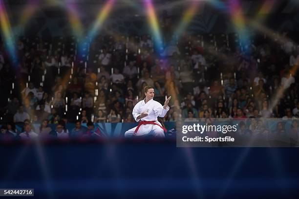 June 2015; Karen Dolphin, Ireland, competes in the elimination round with Sandy Scordo, France, during the Women's Karate Kata event. 2015 European...