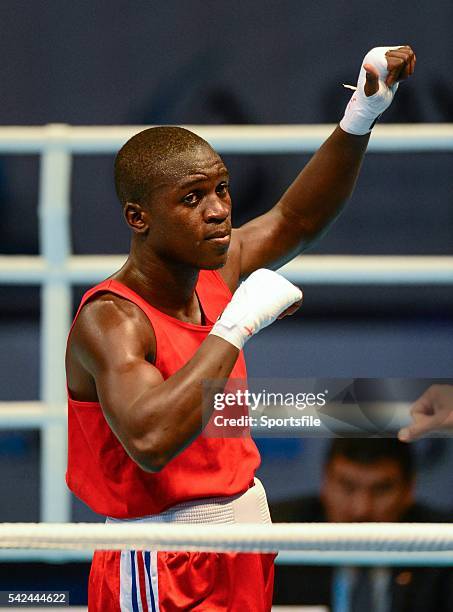 October 2013; Souleymane Cissokho, France, celebrates after beating Yasuhiro Suzuki, Japan, in their 69Kg preliminary bout. AIBA World Boxing...