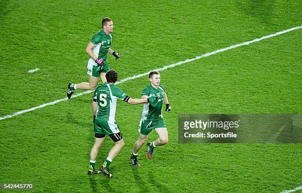 October 2013; Jack McCaffrey, Ireland, is congratulated by team captain Sean Cavanagh after scored his side's second goal. International Rules Second...